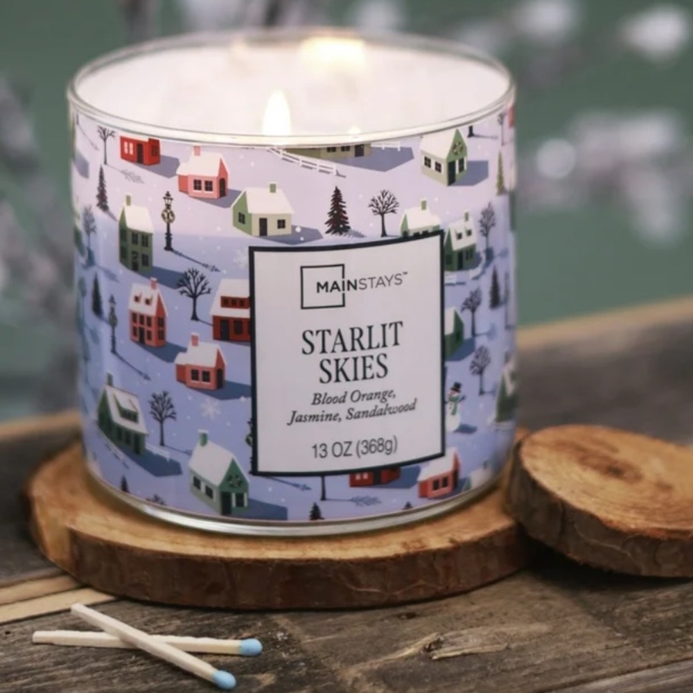 NWT MAINSTAY 3-WICK STARLIT ORANGE JASMINE SADDLEWOOD SCENTED VILLAGE SCENE 13oz